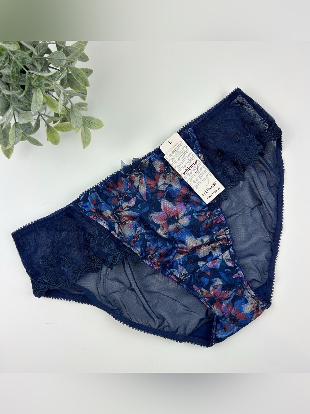 Whimsy by Lunaire Floral Lace Trim Bikini Panty Navy Size 7 / Large